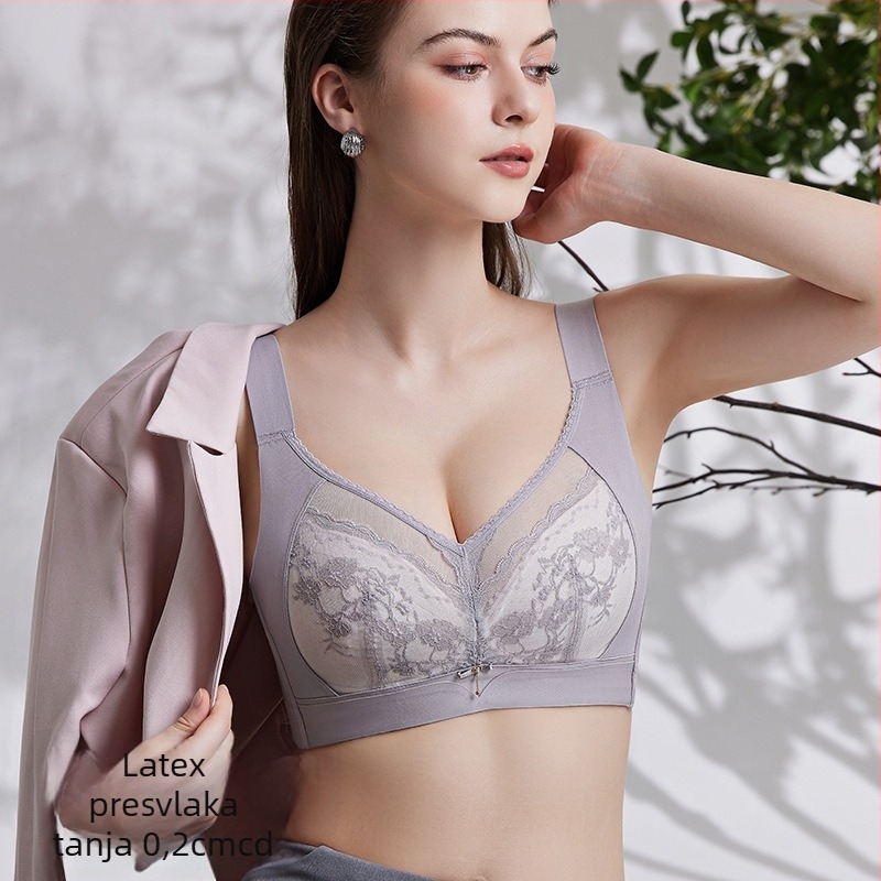 Grudnjak s latexnim čašicama, ultra-tanki dizajn; bočno zatvaranje i skupljanje grudi; prozračan, upija znoj; stražnje kopče s četiri reda kukica; čipkana najlon tkanina.