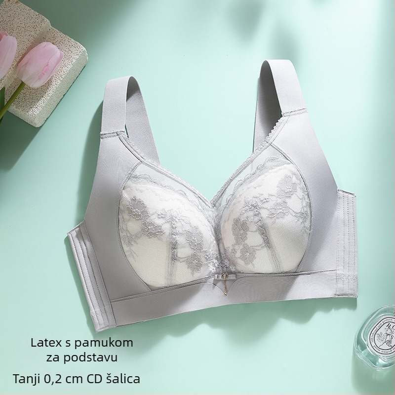 Grudnjak s latexnim čašicama, ultra-tanki dizajn; bočno zatvaranje i skupljanje grudi; prozračan, upija znoj; stražnje kopče s četiri reda kukica; čipkana najlon tkanina.
