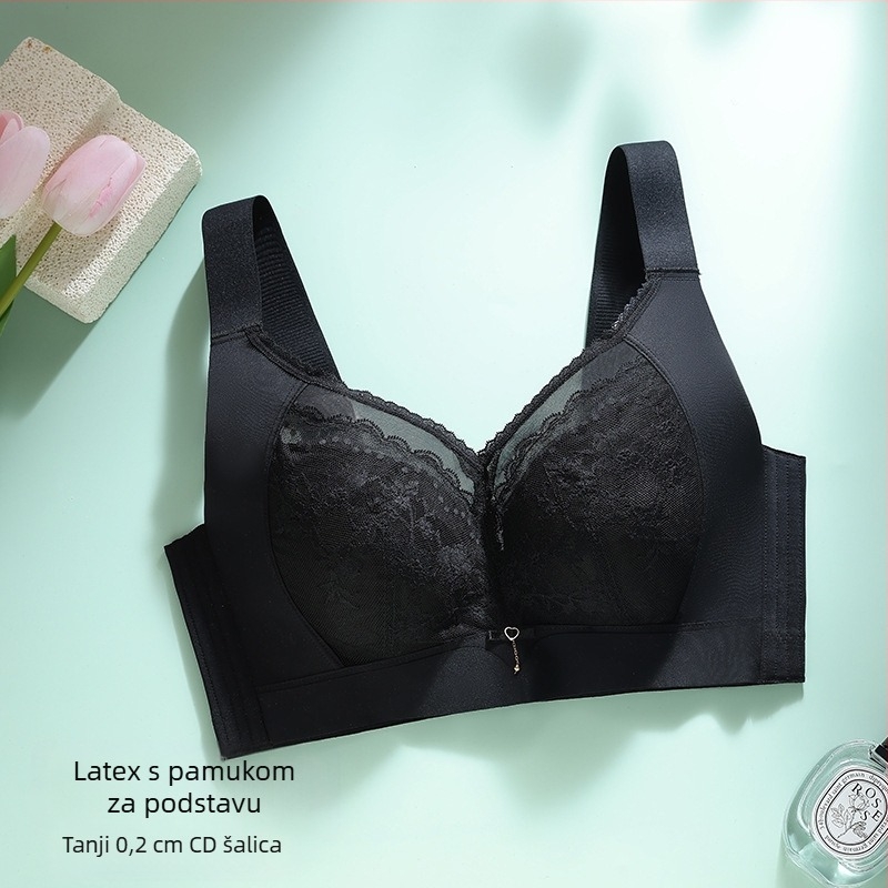 Grudnjak s latexnim čašicama, ultra-tanki dizajn; bočno zatvaranje i skupljanje grudi; prozračan, upija znoj; stražnje kopče s četiri reda kukica; čipkana najlon tkanina.