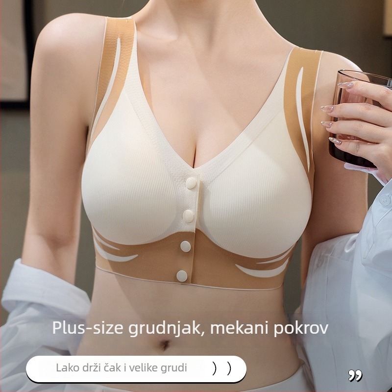Plus-size grudnjak s prednjim zatvaranjem, bez žice, za žene s velikim dojkama; podizanje, oblikovanje i podrška bočnim dijelovima.