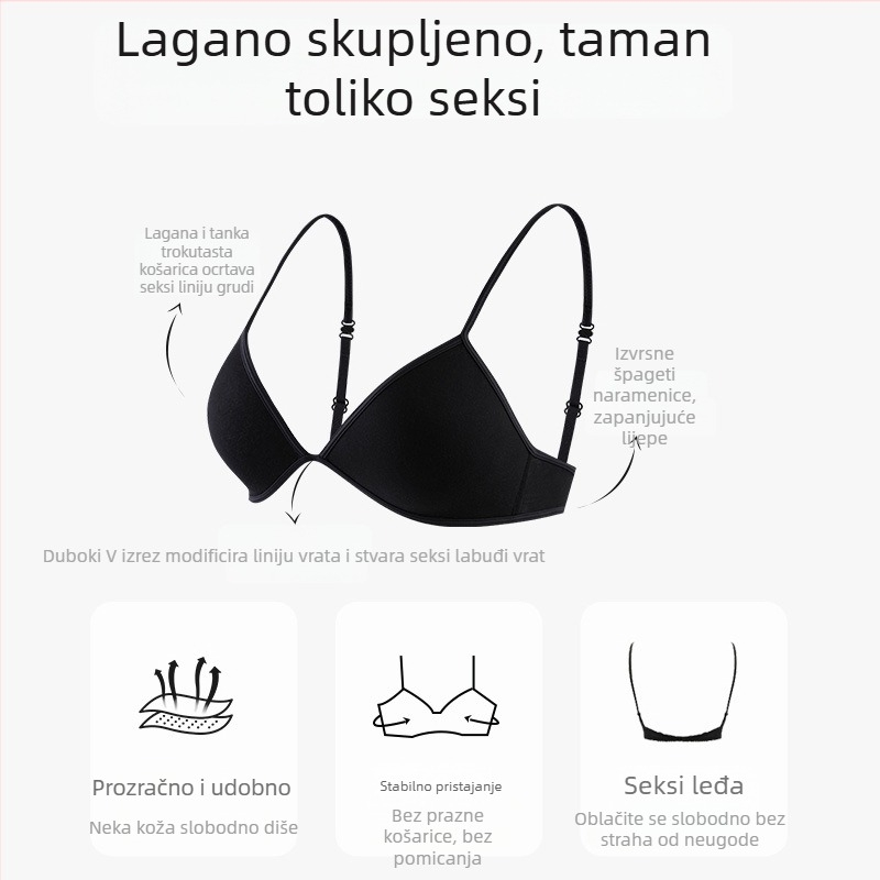 Bezšivni grudnjak s trokutastim košaricama za male grudi, seksi duboki V, lijep leđa, udoban tanke košarice