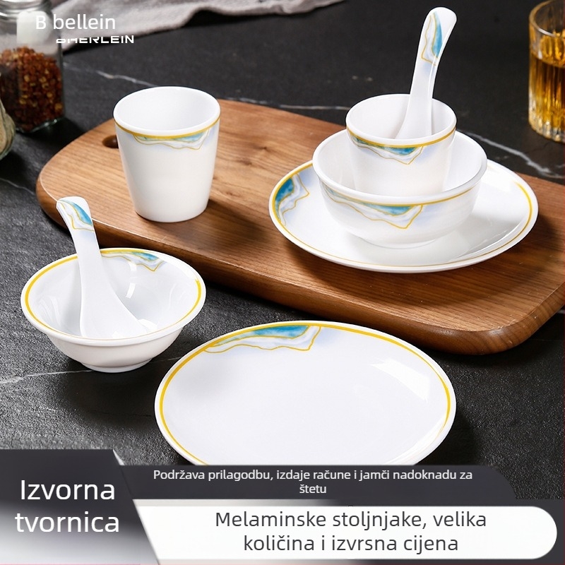 Melaminski hotelski set posuđa, četiri dijela, završni glazirani premaz, Belien marka, mogućnost tlačenja logotipa