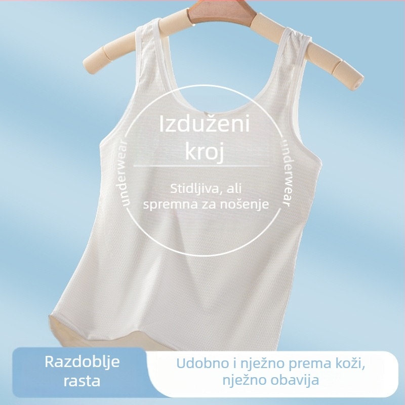 Djevojački cami-vest s ice silk tkaninom, podstava od pamuka 90–95%, pune šalice s tankim oblikovanim košaricama, čvrste dvostruke naramenice, prozračan i udoban.