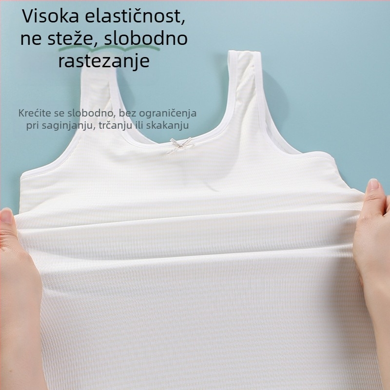 Djevojački cami-vest s ice silk tkaninom, podstava od pamuka 90–95%, pune šalice s tankim oblikovanim košaricama, čvrste dvostruke naramenice, prozračan i udoban.