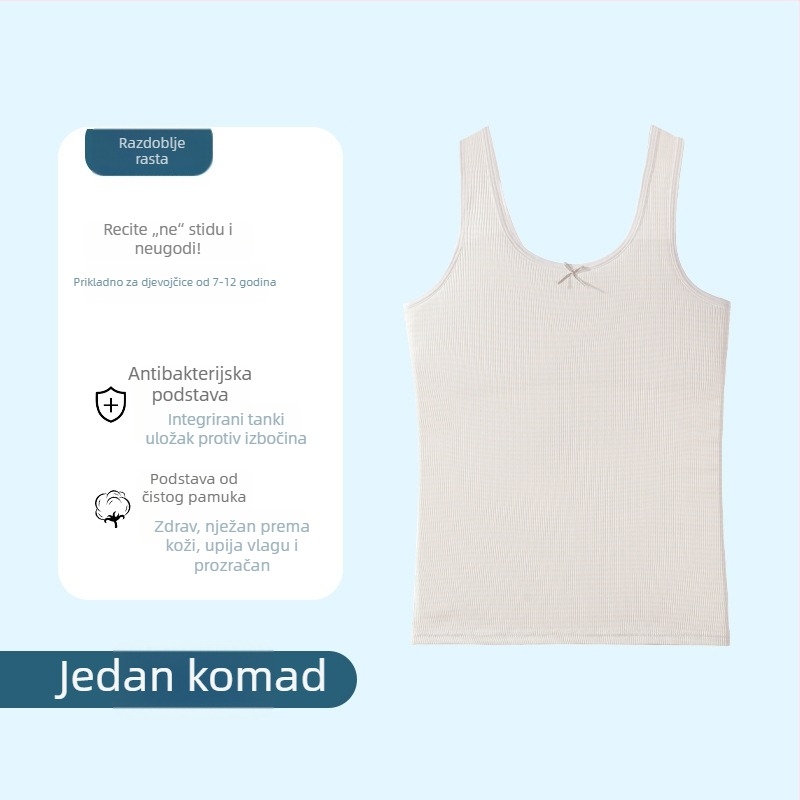 Djevojački cami-vest s ice silk tkaninom, podstava od pamuka 90–95%, pune šalice s tankim oblikovanim košaricama, čvrste dvostruke naramenice, prozračan i udoban.