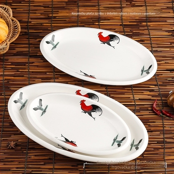 Ovalni keramički tanjur za ribu - Rooster Series, nepravilan oblik, cvjetni uzorak, mikrovalna sigurnost, hotelsko i restoran posuđe, Yahipai