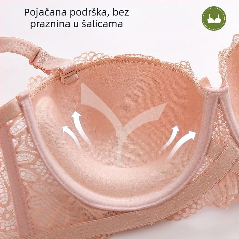 Čipkasti grudnjak s košarom 1/2, odvojive dvostruke naramenice, stražnje kopčanje s tri reda, prozračan, bočna potpora, poliester 80–90%