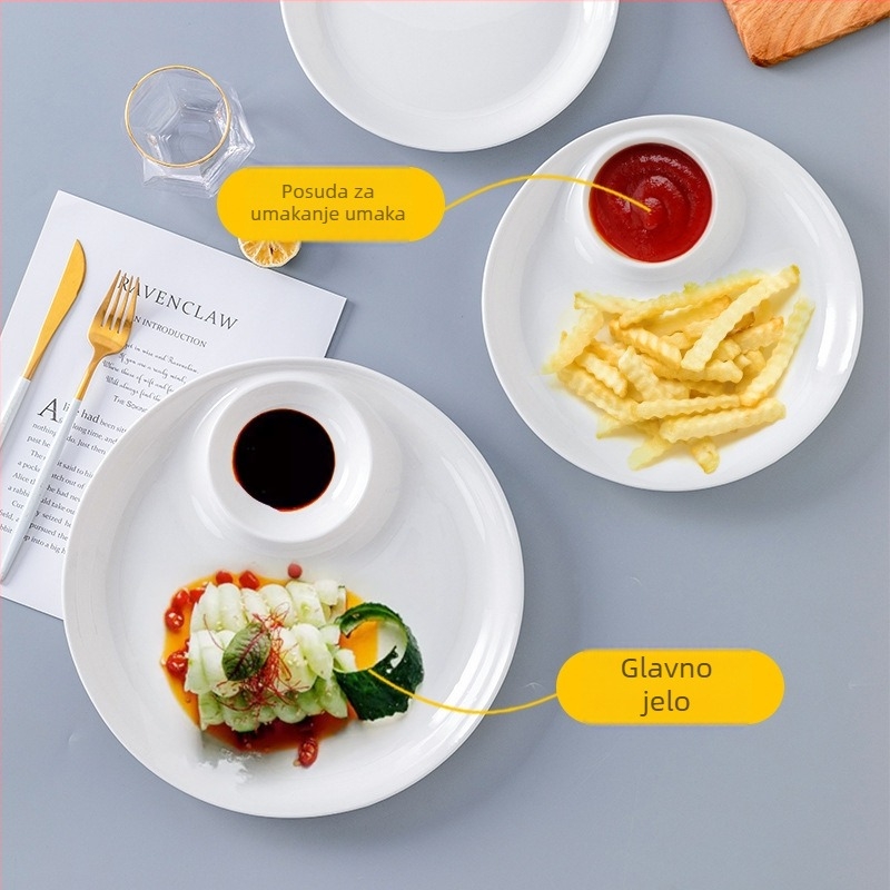 Okrugli keramički set za posluživanje: tanjur za knedle s posudom za ocat, tanjur za škampi i tanjur za losos sashimi; pod-glazirana završnica; mikrovalna pogodna
