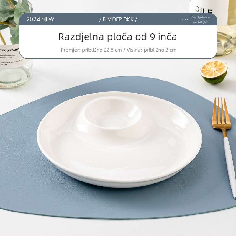 Okrugli keramički set za posluživanje: tanjur za knedle s posudom za ocat, tanjur za škampi i tanjur za losos sashimi; pod-glazirana završnica; mikrovalna pogodna