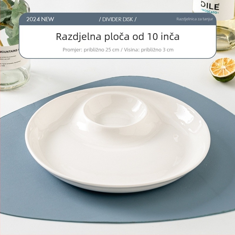Okrugli keramički set za posluživanje: tanjur za knedle s posudom za ocat, tanjur za škampi i tanjur za losos sashimi; pod-glazirana završnica; mikrovalna pogodna