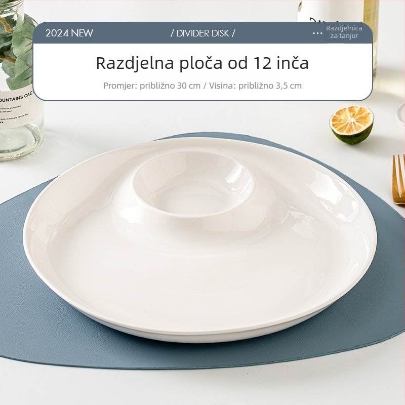 Okrugli keramički set za posluživanje: tanjur za knedle s posudom za ocat, tanjur za škampi i tanjur za losos sashimi; pod-glazirana završnica; mikrovalna pogodna