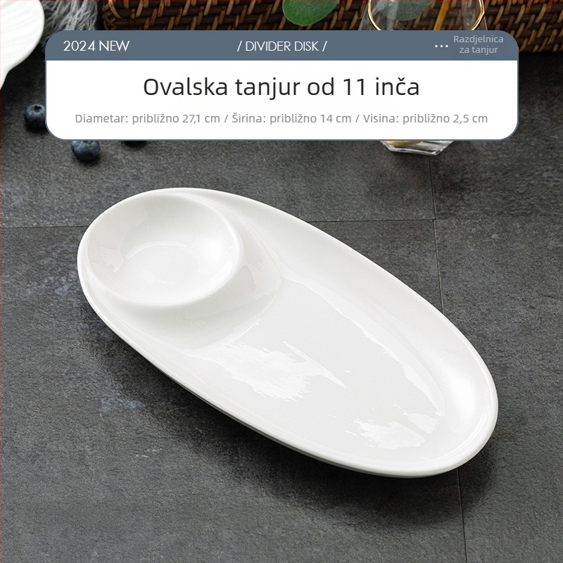 Okrugli keramički set za posluživanje: tanjur za knedle s posudom za ocat, tanjur za škampi i tanjur za losos sashimi; pod-glazirana završnica; mikrovalna pogodna