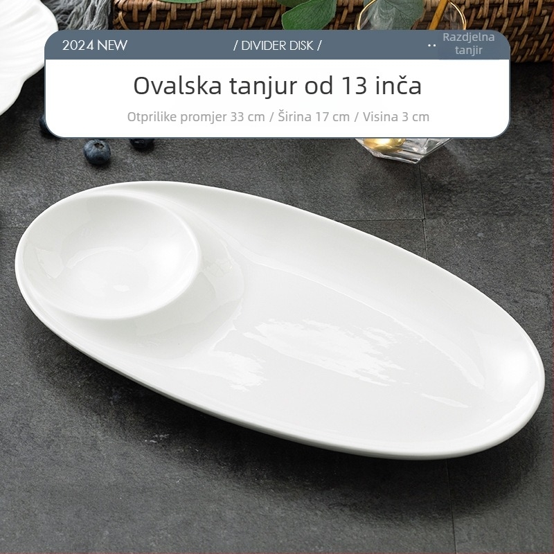 Okrugli keramički set za posluživanje: tanjur za knedle s posudom za ocat, tanjur za škampi i tanjur za losos sashimi; pod-glazirana završnica; mikrovalna pogodna
