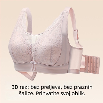 Grudnjak od čipke i najlona, tanke oblikovane košarice, čvrste dvostruke naramenice, stražnji zatvarač s četiri reda kopči