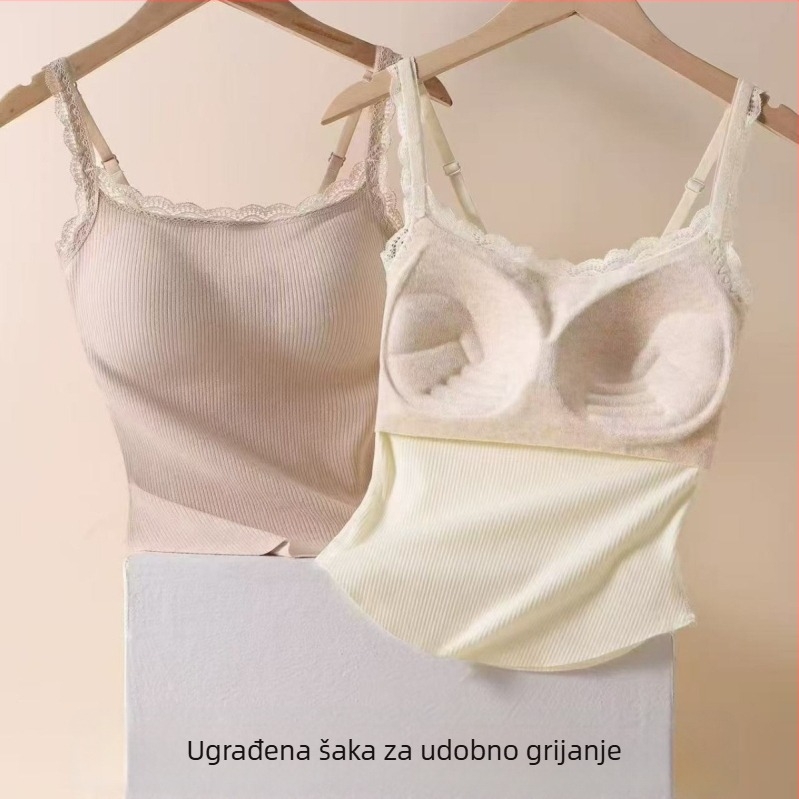 Najlonska majica s čipkastim leđima, flis podstavom i ugrađenim jastučićima, 3/4 košarica, fiksirani remeni, jednostavan svakodnevni stil