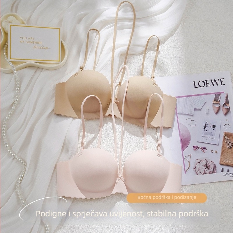 Bešavni grudnjak bez naramenica s bočnim skupljanjem i push-up učinkom, 3/4 šalica, čaše od pamuka, podstava od pamuka 80–90%, stražnje kopčanje s tri redoslijeda kukica, prozračan i udoban