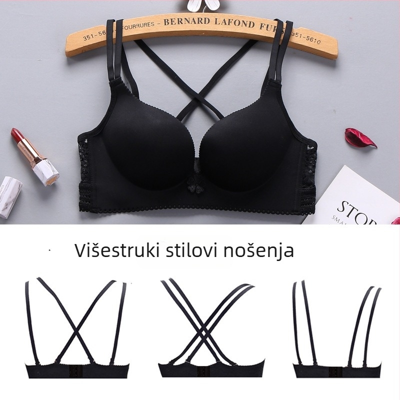 Bežični grudnjak s 8 cm jastučićem, za povećanje malog dojka, križaste naramenice i čipka, glatko leđa, A veličina