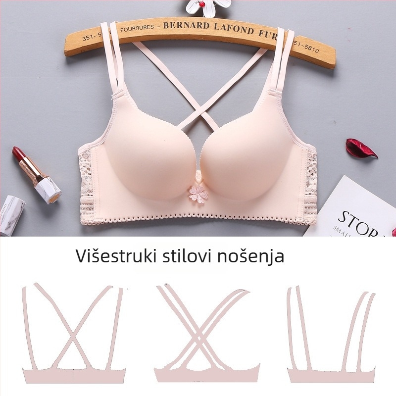Bežični grudnjak s 8 cm jastučićem, za povećanje malog dojka, križaste naramenice i čipka, glatko leđa, A veličina