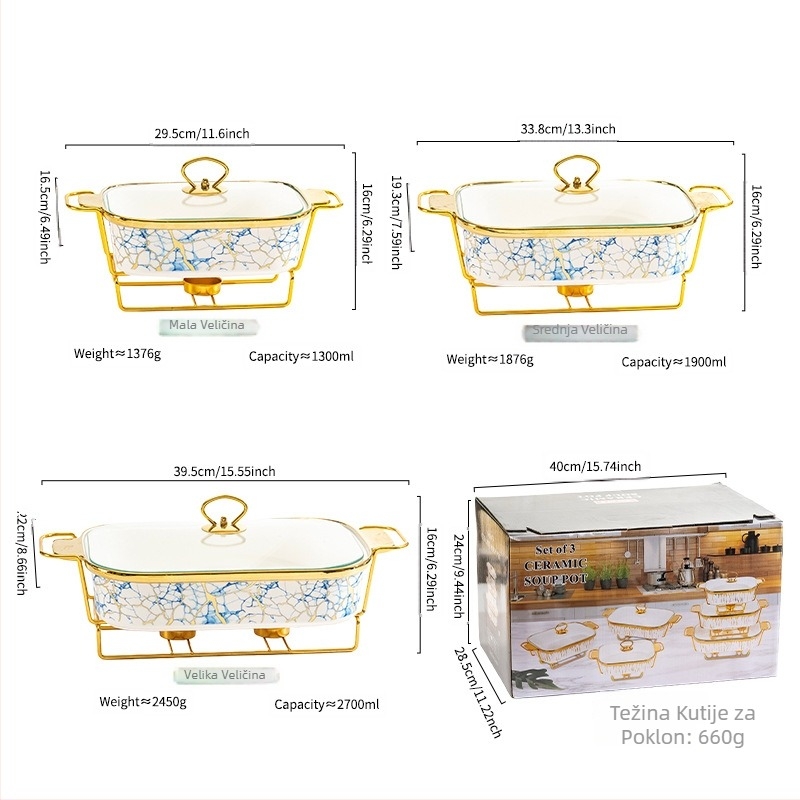 Beauty Collection porcelanska pravokutna posuda za pečenje s dvostrukim držačima, zlatnim rubom i elektroplatiranom površinom