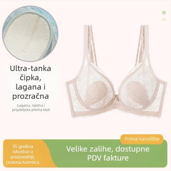 Čipkasti grudnjak s košaricom 3/4, prozračan najlon-spandeks materijal, bez oblikovne šalice (moldless), čvrsti dvostruki remeni, stražnje tri serije kopči, udoban i podržavajući