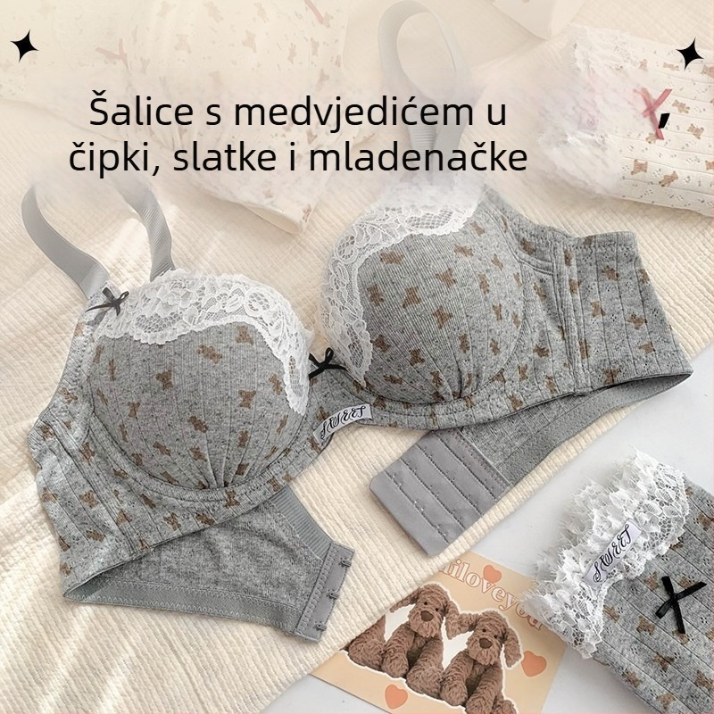 Najlon grudnjak s francuskom cvjetnom čipkom i tiskom; košarica s tankim gornjim dijelom i debelim donjim dijelom; čvrste naramenice; stražnje četiri reda kopči; podstava s 30–50% spandexa.