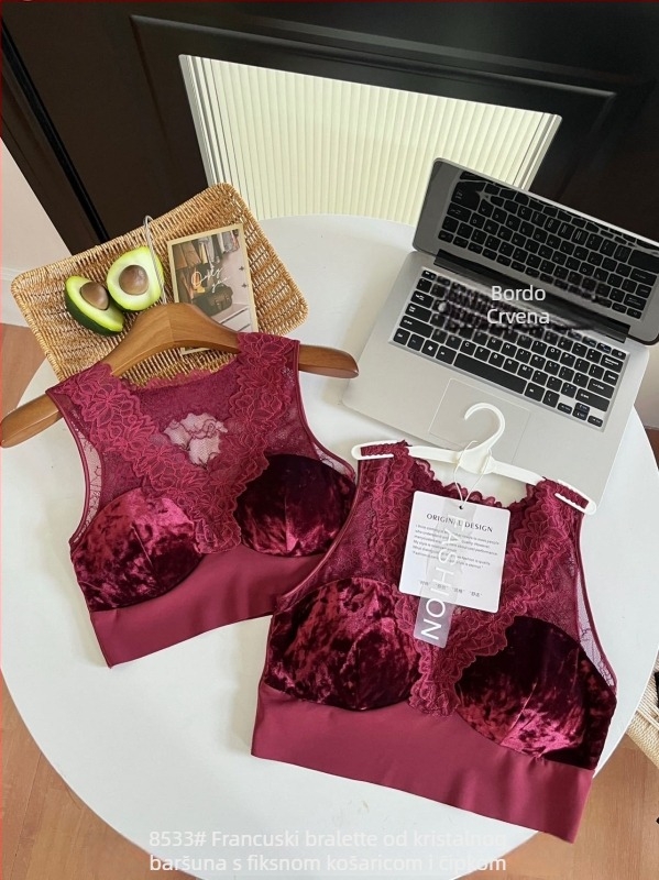 Bralet s kristalnim velurom i čipkom, fiksnim košaricama, leđa u francuskom stilu, korejski stil, wrap-top s V-dekolteom za žene