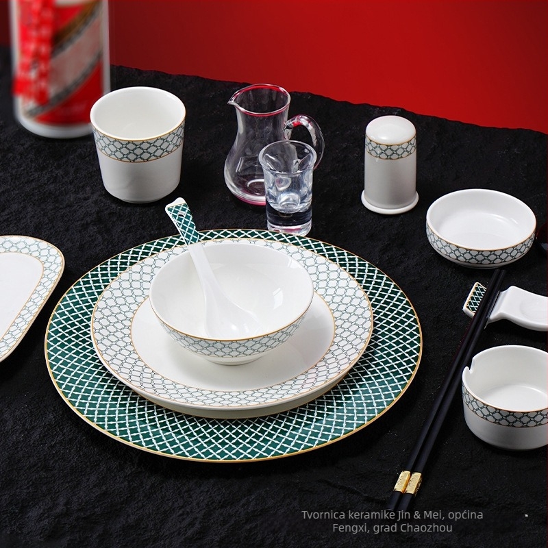 Set za hotelsku stolnu postavu od porcelana, geometrijski dizajn visoke klase, glazurna boja iznad glazure, prilagodljivo