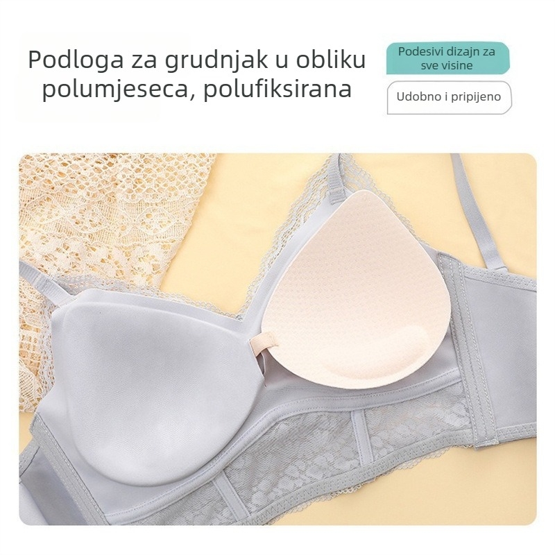 Grudnjak od francuske satenske čipke, bez žice, prozračan, bešavan, push-up, šalica 3/4, oblikovanje bočnih dijelova