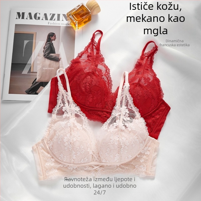 Čipkasti grudnjak u francuskom stilu za žene, wireless, trokutaste košarice, tanak gornji dio i puniji donji dio, odvojive halter tračice, čipkasti rub
