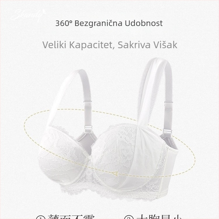 Ženski pamučni grudnjak s čipkom, Push-Up, 3/4 košarica, anti-sag, francuska čipka