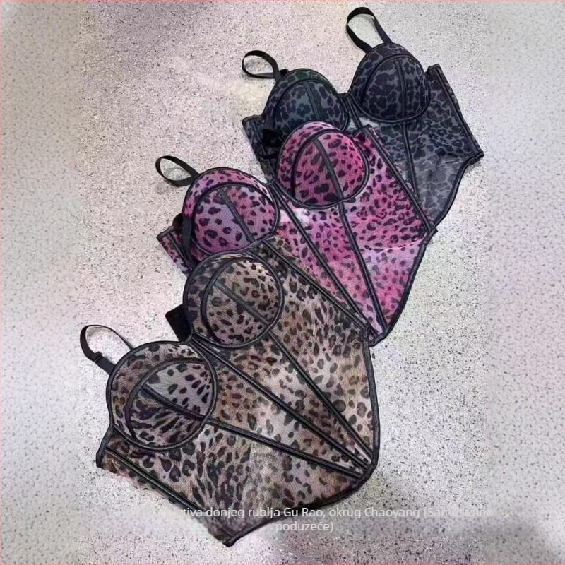 Bustier s leopard uzorkom, čipkasti, s kostima, mrežasti sloj, ultra kratka duljina, jednoremena, poliester 50–70% i elastan 50–70%