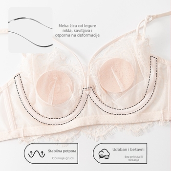 Grudnjak s eyelash lace čipkom, čašice 3/4, ultra tanke oblikovane čašice, bočna potpora, stražnje zaključavanje s četiri reda, francuski stil donjeg rublja
