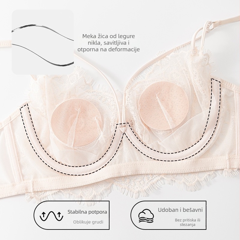 Grudnjak s eyelash lace čipkom, čašice 3/4, ultra tanke oblikovane čašice, bočna potpora, stražnje zaključavanje s četiri reda, francuski stil donjeg rublja