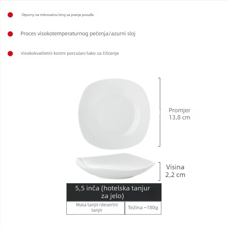 Set tanjura od bone china Yue Han, kvadratnog oblika, podglazurno završno premazivanje, jednobojni uzorak, pogodno za mikrovalnu pećnicu
