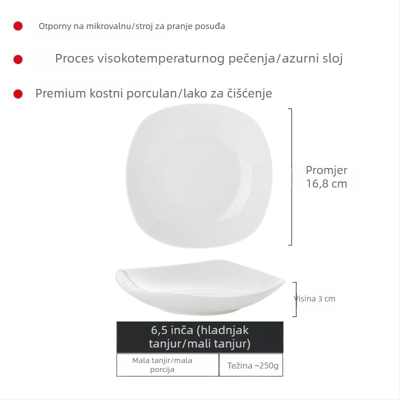 Set tanjura od bone china Yue Han, kvadratnog oblika, podglazurno završno premazivanje, jednobojni uzorak, pogodno za mikrovalnu pećnicu