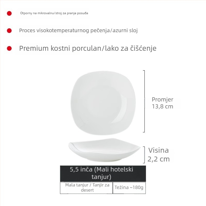 Set tanjura od bone china Yue Han, kvadratnog oblika, podglazurno završno premazivanje, jednobojni uzorak, pogodno za mikrovalnu pećnicu