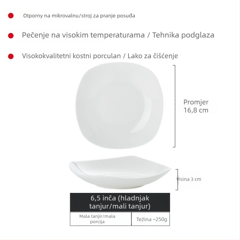 Set tanjura od bone china Yue Han, kvadratnog oblika, podglazurno završno premazivanje, jednobojni uzorak, pogodno za mikrovalnu pećnicu