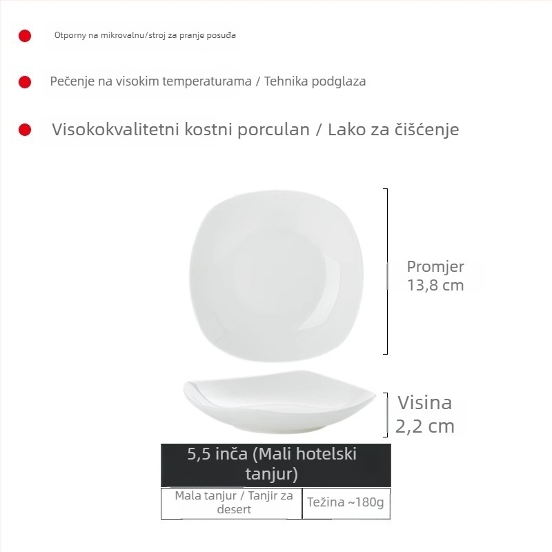 Set tanjura od bone china Yue Han, kvadratnog oblika, podglazurno završno premazivanje, jednobojni uzorak, pogodno za mikrovalnu pećnicu