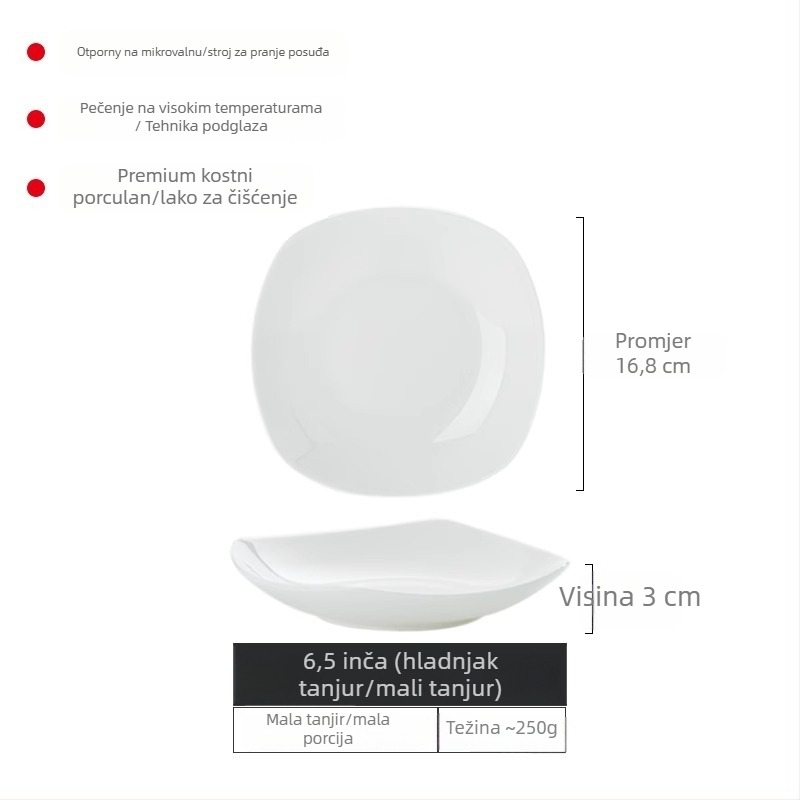 Set tanjura od bone china Yue Han, kvadratnog oblika, podglazurno završno premazivanje, jednobojni uzorak, pogodno za mikrovalnu pećnicu