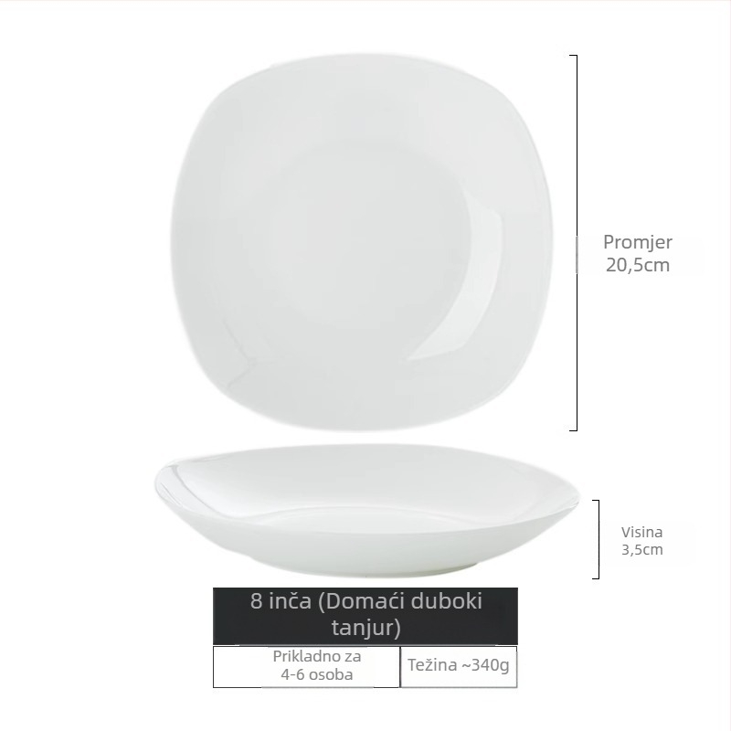 Set tanjura od bone china Yue Han, kvadratnog oblika, podglazurno završno premazivanje, jednobojni uzorak, pogodno za mikrovalnu pećnicu