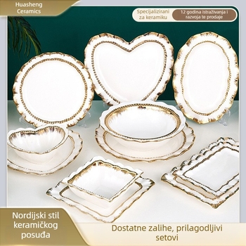 Europski stil keramički set tanjura s zlatnim rubom, bijeli tanjur za salatu, moderan minimalistički dizajn, nepravilan oblik, prugasti uzorak