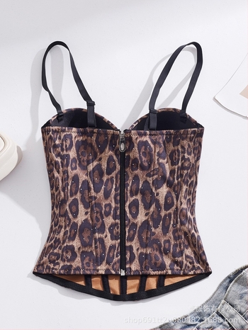 Kamisola s leopard uzorkom od poliestera, uski kroj, ultra kratka duljina ≤40 cm, dvostruke naramenice, pogodna za unutarnje ili vanjsko nošenje