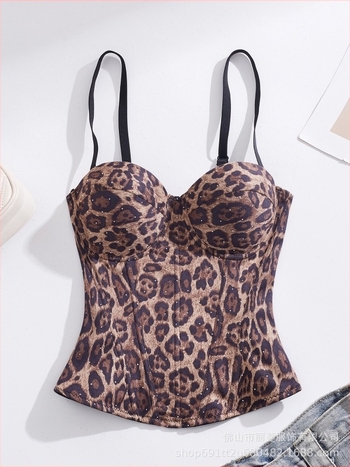 Kamisola s leopard uzorkom od poliestera, uski kroj, ultra kratka duljina ≤40 cm, dvostruke naramenice, pogodna za unutarnje ili vanjsko nošenje