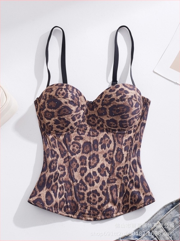 Kamisola s leopard uzorkom od poliestera, uski kroj, ultra kratka duljina ≤40 cm, dvostruke naramenice, pogodna za unutarnje ili vanjsko nošenje