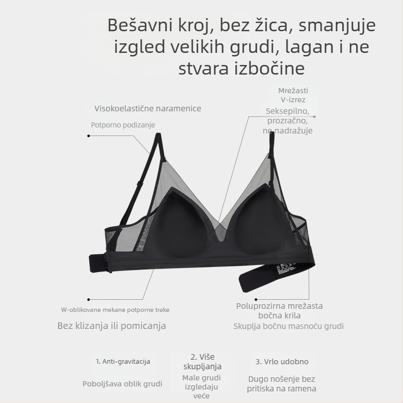 Francuski stil bešivnog satenskog grudnjaka za žene s velikim dojkama, vizualno smanjuje volumen, sprječava opuštanje, skuplja bočne dojke, šalica s zečjim ušima, bežični, udoban