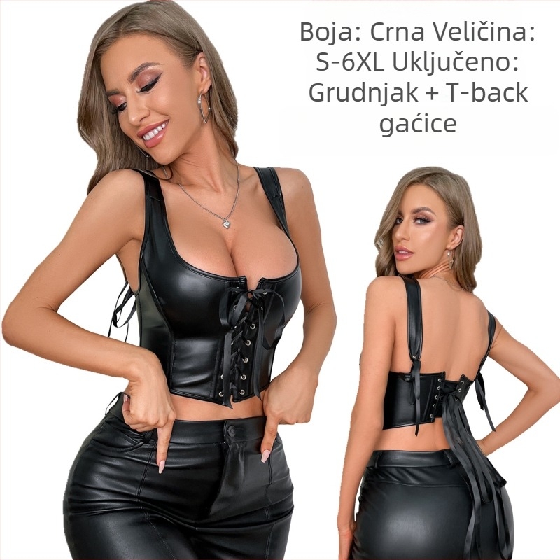 Sexy korzet-top s vezicama na ramena, PU materijal, 3/4 košarica, podesivo skupljanje i podrška