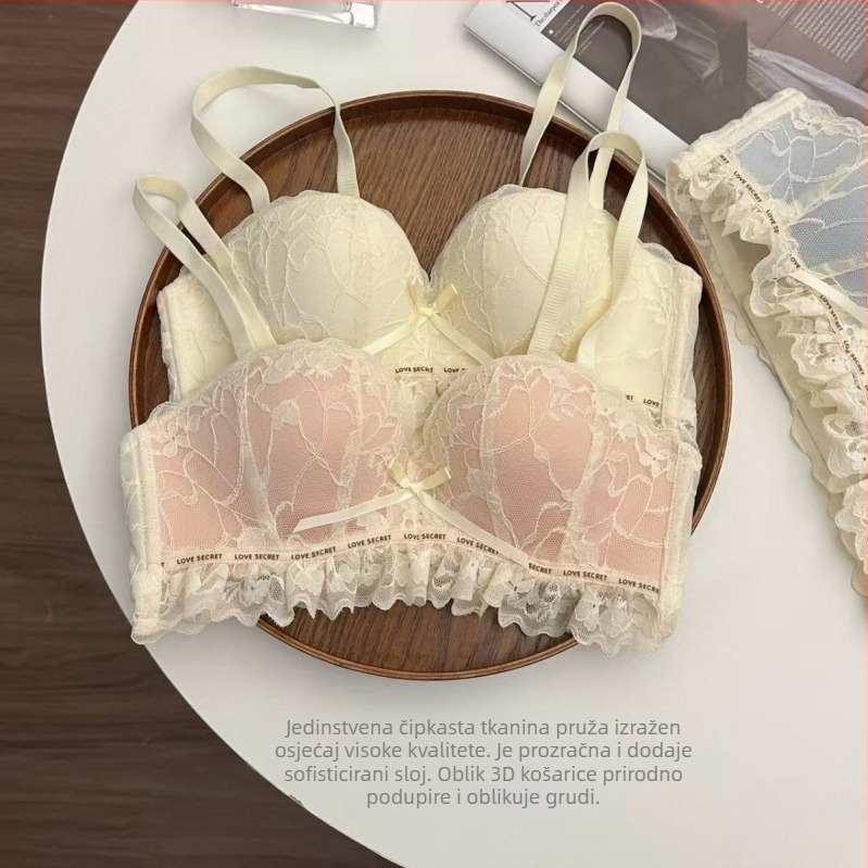 Čipkasti grudnjak s košaricama 3/4, srednje oblikovanih košarica, glavni materijal: najlon s više od 30% spandexa, podstava: pamuk preko 30%, stražnje zatvaranje s četiri reda kukica i očiju