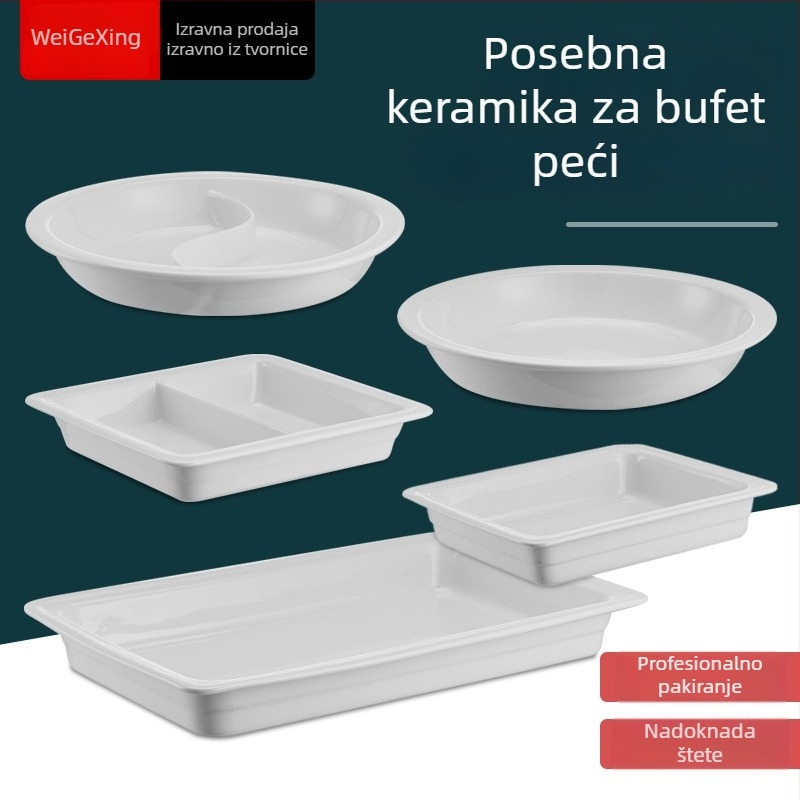 Keramički unutarnji spremnik za buffetu s održavanjem topline, pravokutna zdjela i okrugli keramički tanjur, Jiaojiexing marka, za hotele i restorane