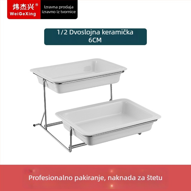 Keramički unutarnji spremnik za buffetu s održavanjem topline, pravokutna zdjela i okrugli keramički tanjur, Jiaojiexing marka, za hotele i restorane