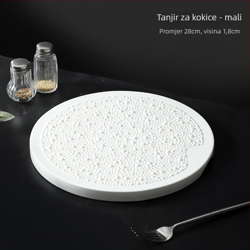 Porcelanski okrugli pladanj ravnog oblika s pod-glazurnom bojom, moderan minimalistički stil, pogodan za mikrovalnu